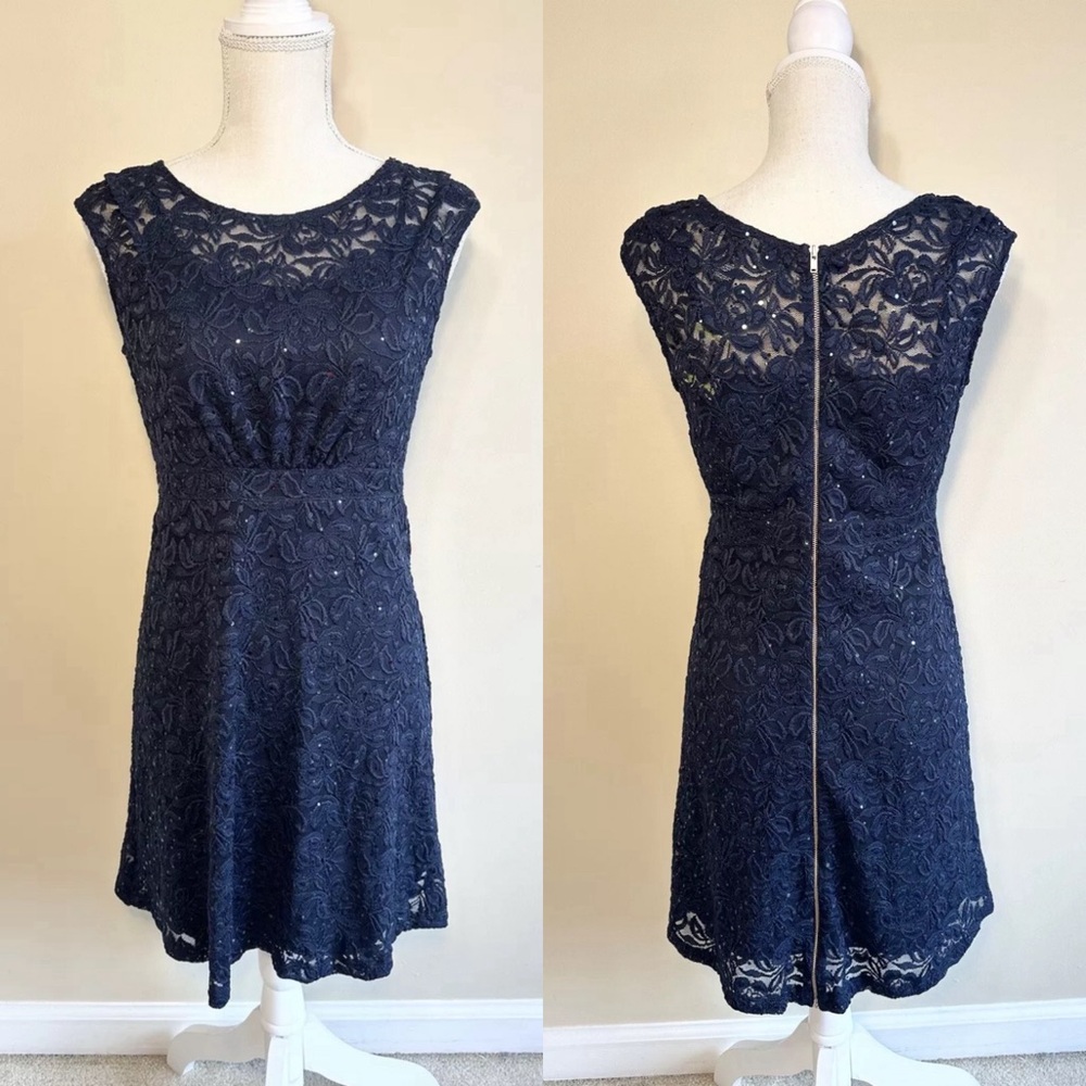 INC International Concepts 4 Dress Navy Blue Lace Utility Chic Sequin Cocktail